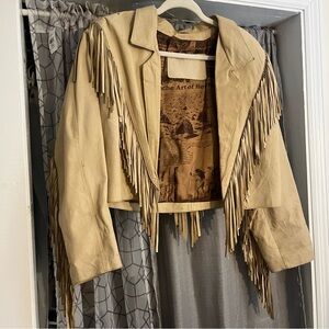 Vintage Fringed Leather Crop Jacket M in Beige